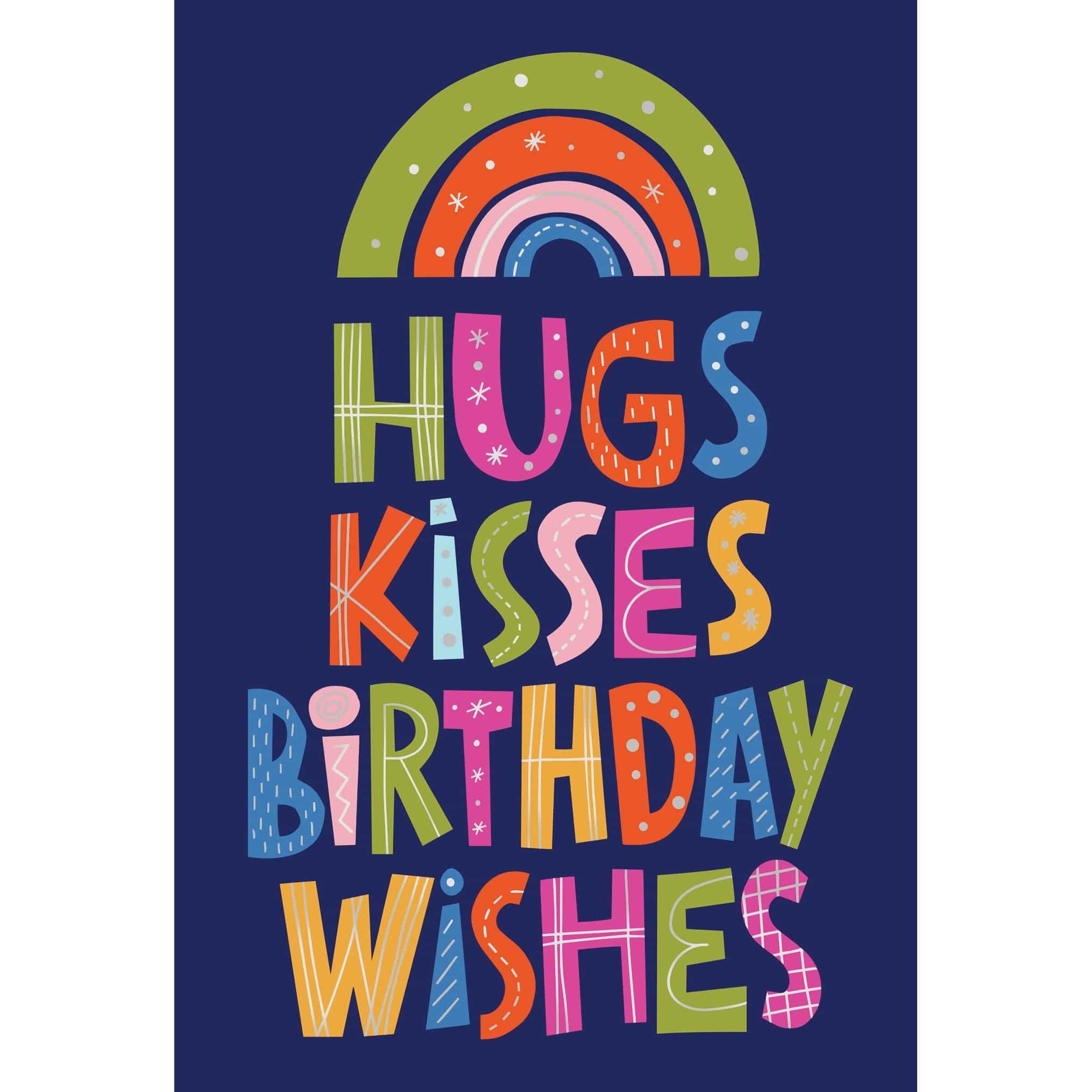 Pictura Hugs Kisses birthday card featuring colorful heart and smiley face illustrations, perfect for celebrating special occasions.